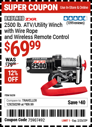 Harbor Freight Coupons, HF Coupons, 20% off - BADLAND 2500 Lb. ATV/Utility Electric Winch With Wireless Remote Control for $79.99