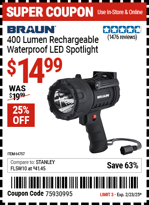 Harbor Freight Coupons, HF Coupons, 20% off - 400 Lumen Waterproof Rechargeable Led Spotlight