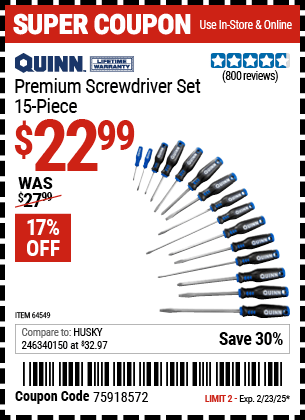 Harbor Freight Coupons, HF Coupons, 20% off - Quinn 15 Piece Screwdriver Set