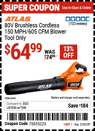 Harbor Freight Coupons, HF Coupons, 20% off - 80v Lithium-Ion Brushless Blower