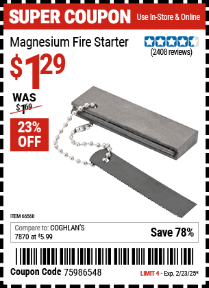 Harbor Freight Coupons, HF Coupons, 20% off - Magnesium Fire Starter