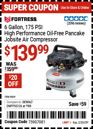 Harbor Freight Coupons, HF Coupons, 20% off - FORTRESS 6 Gallon 175 PSI High Performance Hand Carry Jobsite Air Compressor for $119.99