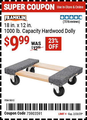 Harbor Freight Coupons, HF Coupons, 20% off - FRANKLIN 18 in. x 12 in. 1000 lb. Capacity Hardwood Dolly 