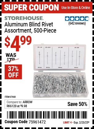 Harbor Freight Coupons, HF Coupons, 20% off - 500 Piece Aluminum Blind Rivet Assortment