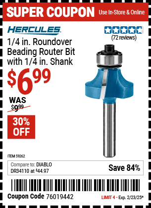 Harbor Freight Coupons, HF Coupons, 20% off - HERCULES 1/4 in. Roundover/Beading Router Bit with 1/4 in. Shank for $7.99