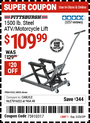 Harbor Freight Coupons, HF Coupons, 20% off - 1500 Lb. Capacity Atv/motorcycle Lift