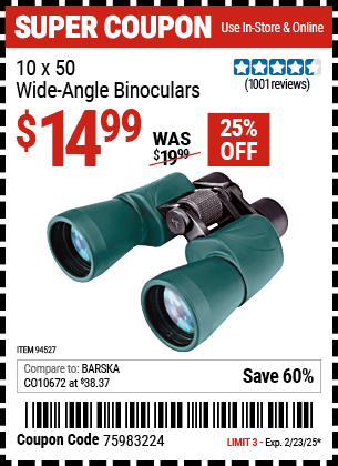 Harbor Freight Coupons, HF Coupons, 20% off - 10 X 50 Wide Angle Binoculars