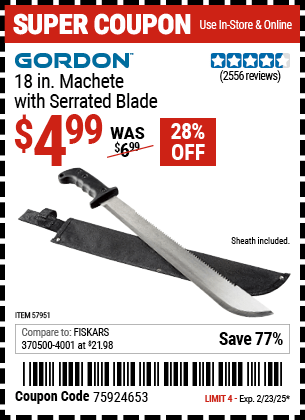 Harbor Freight Coupons, HF Coupons, 20% off - GORDON 18 in. Machete with Serrated Blade for $5.99