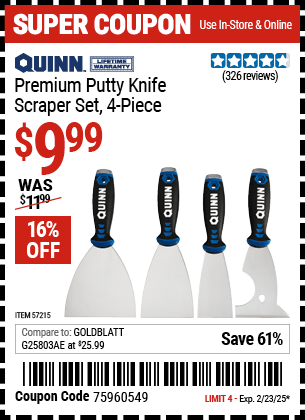 Harbor Freight Coupons, HF Coupons, 20% off - Premium Putty Knife Set, 4 Pc.