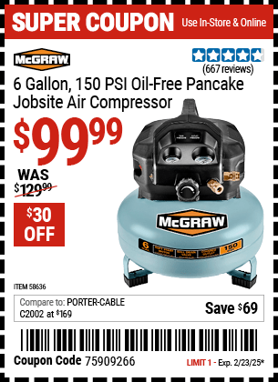 Harbor Freight Coupons, HF Coupons, 20% off - MCGRAW 6 gallon 0.8 HP 150 PSI Oil Free Pancake Air Compressor 