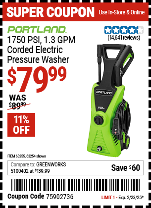 Harbor Freight Coupons, HF Coupons, 20% off - 1750 Psi Electric Pressure Washer