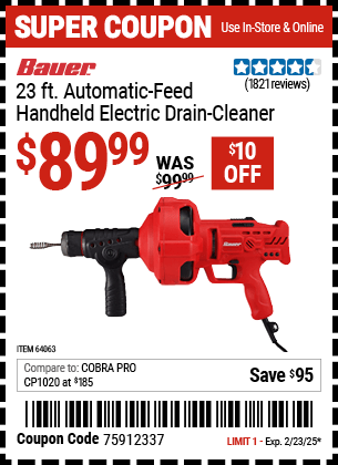 Harbor Freight Coupons, HF Coupons, 20% off - Bauer 23 Ft Auto Feed Handheld Electric Drain Cleaner