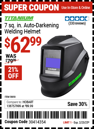 Harbor Freight Coupons, HF Coupons, 20% off - 7 sq. in. Auto Darkening Welding Helmet