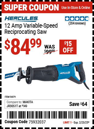 Harbor Freight Coupons, HF Coupons, 20% off - 12 Amp Variable Speed Reciprocating Saw