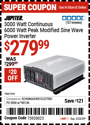 Harbor Freight Coupons, HF Coupons, 20% off - JUPITER 3000 Watt Continuous/6000 Watt Peak Modified Sine Wave Power Inverter 