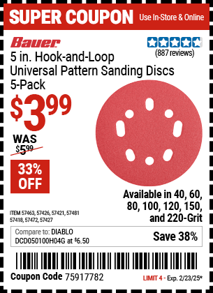 Harbor Freight Coupons, HF Coupons, 20% off - BAUER 5 in. 100 Grit Hook and Loop Universal Pattern Sanding Discs 