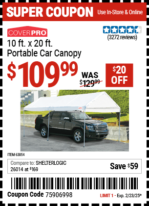 Harbor Freight Coupons, HF Coupons, 20% off - 10 Ft X 20 Ft Car Canopy