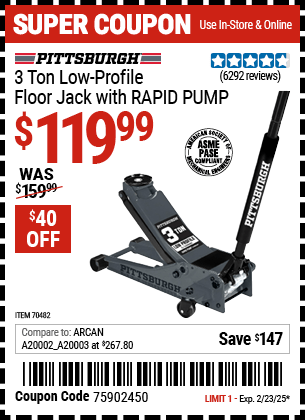 Harbor Freight Coupons, HF Coupons, 20% off - PITTSBURGH 3-Ton Low-Profile Floor Jack with RAPID PUMP 