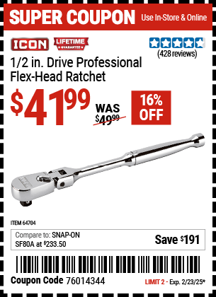 Harbor Freight Coupons, HF Coupons, 20% off - 1/2 in.  Drive Professional Flex Head Ratchet