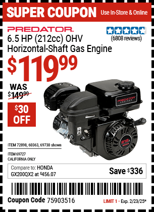 Harbor Freight Coupons, HF Coupons, 20% off - 6.5 Hp (212 Cc) Ohv Horizontal Shaft Gas Engines