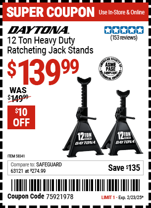 Harbor Freight Coupons, HF Coupons, 20% off - DAYTONA 12 Ton Heavy Duty Ratcheting Jack Stands, Black for $129.99