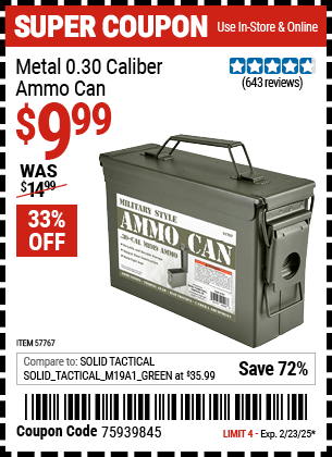 Harbor Freight Coupons, HF Coupons, 20% off - Metal 0.30 Caliber Ammo Can