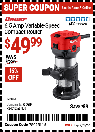 Harbor Freight Coupons, HF Coupons, 20% off - BAUER 1-1/4 HP 1/4 in. Variable Speed Compact Router 