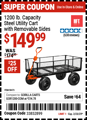 Harbor Freight Coupons, HF Coupons, 20% off - HFT 1200 lb. Capacity Steel Utility Cart with Sides 