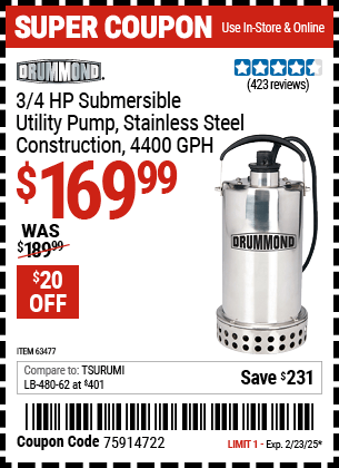 Harbor Freight Coupons, HF Coupons, 20% off - 3/4 Hp Submersible Utility Pump