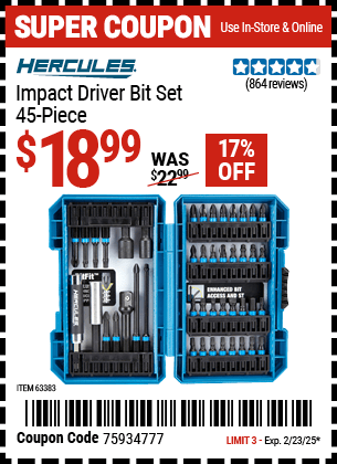 Harbor Freight Coupons, HF Coupons, 20% off - Hercules 45 Piece Impact Drill And Driver Bit Set