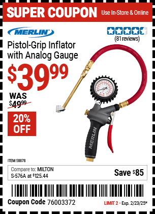 Harbor Freight Coupons, HF Coupons, 20% off - MERLIN Analog Pistol Grip Inflator with Gauge for $39.99