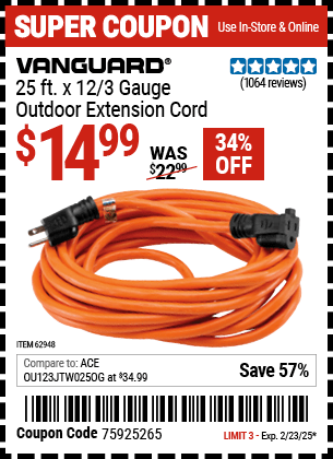 Harbor Freight Coupons, HF Coupons, 20% off - 25 ft. x 12 Gauge Outdoor Extension Cord