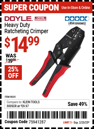 Harbor Freight Coupons, HF Coupons, 20% off - DOYLE Heavy Duty Ratcheting Crimper for $14.99