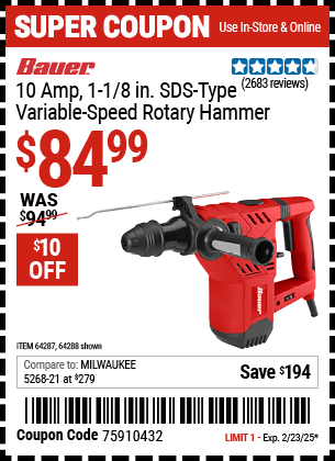 Harbor Freight Coupons, HF Coupons, 20% off - BAUER 1-1/8 in. SDS Variable Speed Pro Rotary Hammer Kit for $69.99