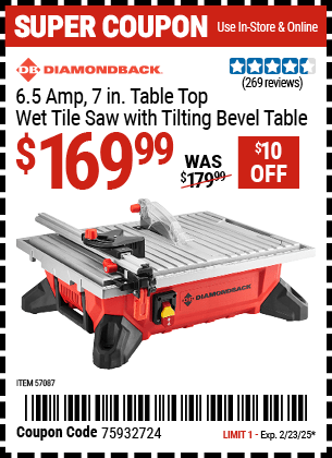 Harbor Freight Coupons, HF Coupons, 20% off - DIAMONDBACK 6.5 Amp 7 in. Table Top Wet Tile Saw with Tilting Bevel Table 