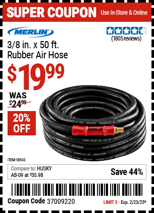 Harbor Freight Coupons, HF Coupons, 20% off - MERLIN 3/8 in. x 50 ft. Rubber Air Hose 