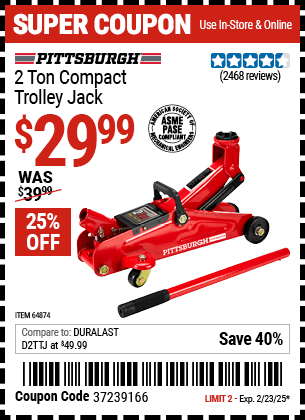 Harbor Freight Coupons, HF Coupons, 20% off - PITTSBURGH AUTOMOTIVE 2 ton Compact Trolley Jack for $24.99