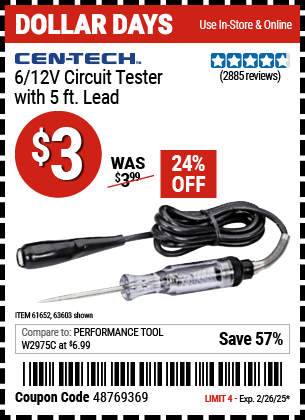 Harbor Freight Coupons, HF Coupons, 20% off - 6/12v Circuit Tester With 5 Ft. Lead