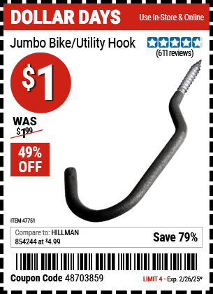 Harbor Freight Coupons, HF Coupons, 20% off - Jumbo Bike/utility Hook