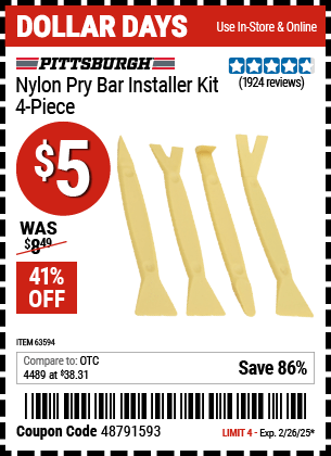 Harbor Freight Coupons, HF Coupons, 20% off - 4 Piece Nylon Pry Bar Installer Kit