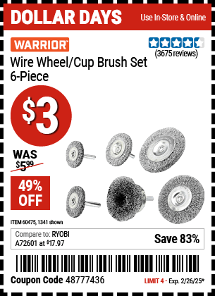 Harbor Freight Coupons, HF Coupons, 20% off - 6 Piece Wire Wheel And Cup Brush Set