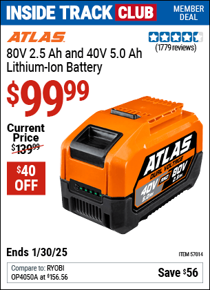 Harbor Freight Coupons, HF Coupons, 20% off - ATLAS 80V 2.5 Ah 40V 5.0Ah Lithium-Ion Battery for $119.99