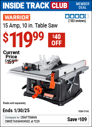 Harbor Freight Coupons, HF Coupons, 20% off - WARRIOR 10 in. 15 Amp Table Saw 