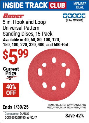 Harbor Freight Coupons, HF Coupons, 20% off - BAUER 5 in. 120 Grit Hook and Loop Universal Pattern Sanding Discs 