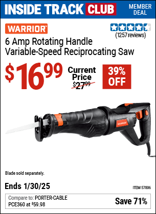 Harbor Freight Coupons, HF Coupons, 20% off - WARRIOR 6 Amp Rotating Handle Variable Speed Reciprocating Saw 