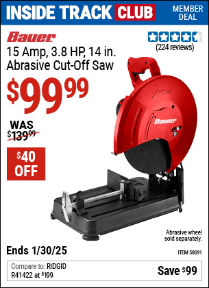 Harbor Freight Coupons, HF Coupons, 20% off - BAUER 15 Amp 3.8 HP 14 in. Abrasive Cut-Off Saw for $99.99