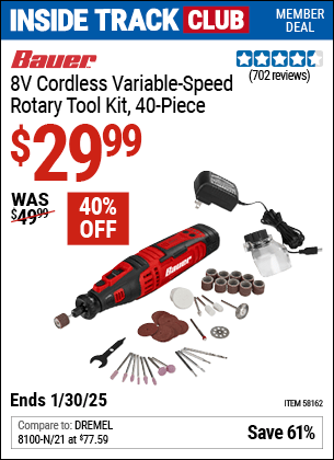 Harbor Freight Coupons, HF Coupons, 20% off - BAUER 8V Cordless Variable Speed Rotary Tool Kit 