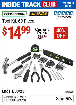 Harbor Freight Coupons, HF Coupons, 20% off - PITTSBURGH Tool Kit, 60 Pc. for $19.99