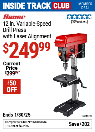 Harbor Freight Coupons, HF Coupons, 20% off - BAUER 12 in. Variable-Speed Drill Press with Laser Alignment for $249.99