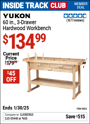 Harbor Freight Coupons, HF Coupons, 20% off - YUKON 60 in. 3-Drawer Hardwood Workbench for $139.99